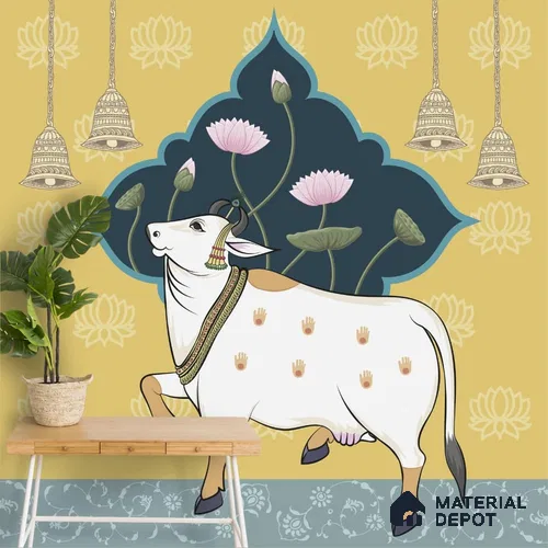 Sacred Cows in Serenity, Pichwai Yellow Wallpaper Indrani Series Canvas Artistic Design (Customised Size Wallpaper )