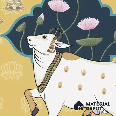 Sacred Cows in Serenity, Pichwai Yellow Wallpaper Indrani Series Canvas Artistic Design (Customised Size Wallpaper )