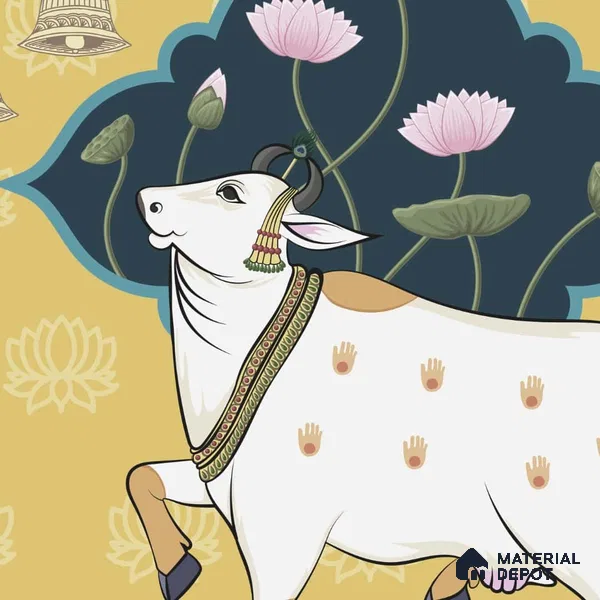 Sacred Cows in Serenity, Pichwai Yellow Wallpaper Indrani Series Canvas Artistic Design (Customised Size Wallpaper )