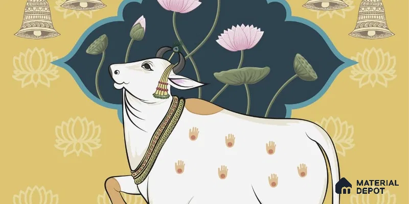 Sacred Cows in Serenity, Pichwai Yellow Wallpaper Indrani Series Canvas Artistic Design (Customised Size Wallpaper )
