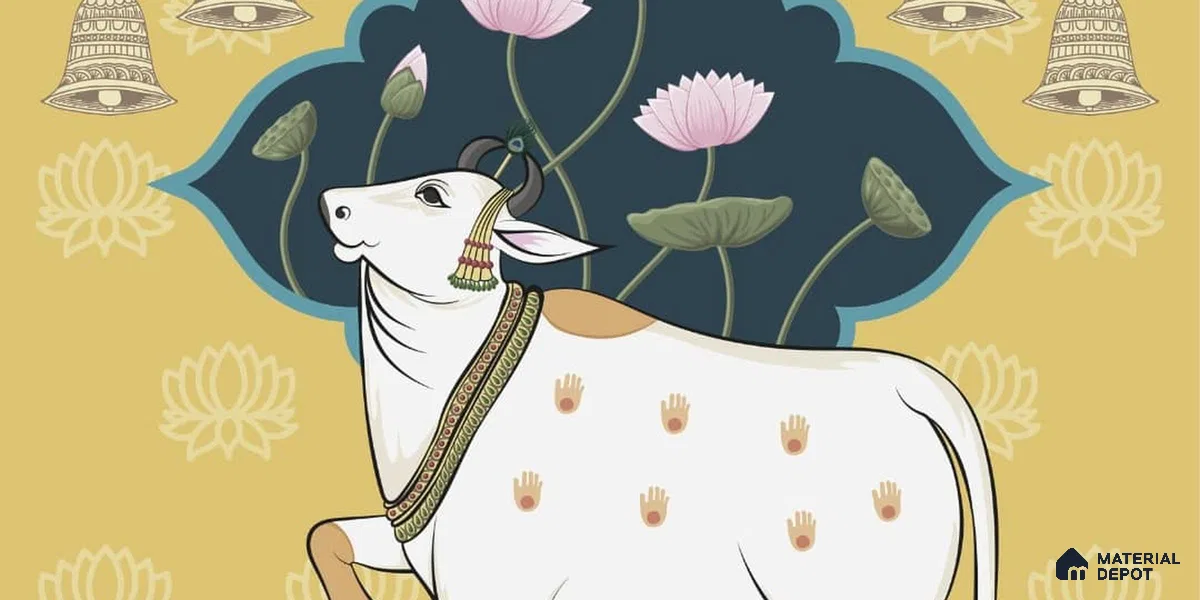 Sacred Cows in Serenity, Pichwai Yellow Wallpaper Indrani Series Canvas Artistic Design (Customised Size Wallpaper )