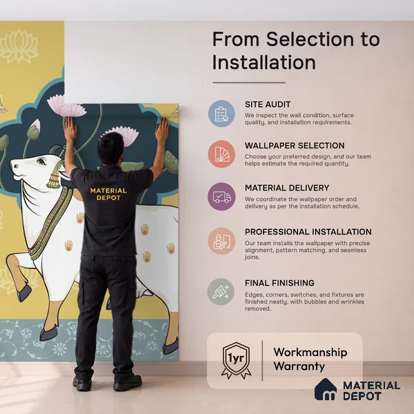 Sacred Cows in Serenity, Pichwai Yellow Wallpaper Indrani Series Canvas Artistic Design (Customised Size Wallpaper )