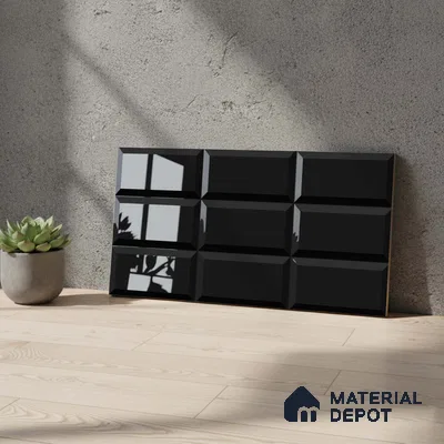 Faux Subway Wall Tile TL 04685 M Brick Solara Classic Black 2 ft x 1 ft Ceramic Glossy Finish - 9 mm | Suitable For Kitchen, Bathroom Walls and Backsplashes | Please Expect a Slight Variation of Pattern (Sample)
