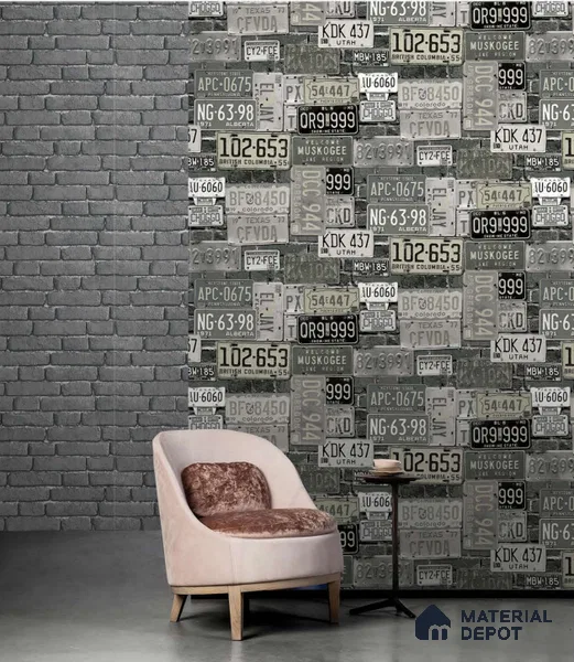 SF12-2 | Grey Multicolor License Plates Non Woven Patterned Wallpaper - 10 Meter x 21 Inches, 57.41 Sq. Ft. (Min. 15% Wastage)