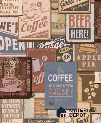 SF6-2 | Rust Multicolor Vintage Cafe Signs Non Woven Patterned Wallpaper - 10 Meter x 21 Inches, 57.41 Sq. Ft. (Min. 15% Wastage)