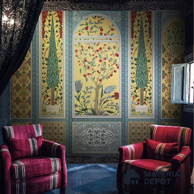 Shalimar Mughal Inspired Colorful Yellow | Mustard Yellow Peacock Border Traditional Look Wallpaper Handmade (Customised Size)