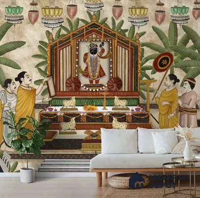 Shrinathji Pichwai | Warm Beige Krishna Shrine Pichwai Traditional Look Wallpaper Canvas (Customised Size)