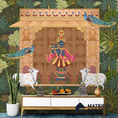Shrinathji's Garden: Pichwai Inspired Wallpaper for Rooms Sukoon Series Canvas Patterned Design (Customised Size Wallpaper)