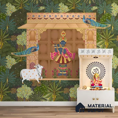 Shrinathji's Garden: Pichwai Inspired Wallpaper for Rooms Sukoon Series Canvas Patterned Design (Customised Size Wallpaper)
