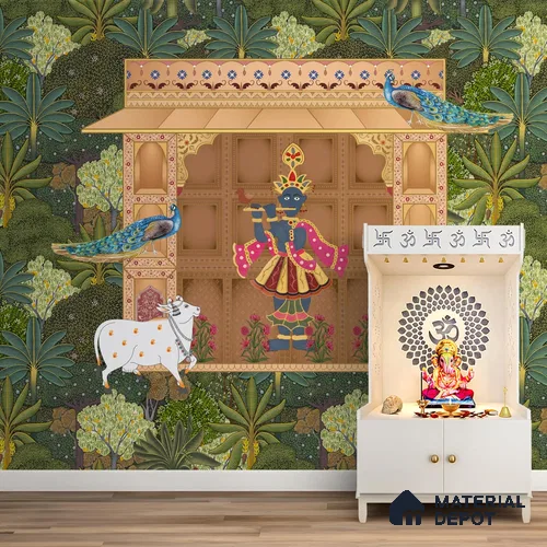 Shrinathji's Garden: Pichwai Inspired Wallpaper for Rooms Sukoon Series Canvas Patterned Design (Customised Size Wallpaper)