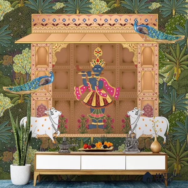 Shrinathji's Garden: Pichwai Inspired Wallpaper for Rooms Sukoon Series Handmade Patterned Design (Customised Size Wallpaper)