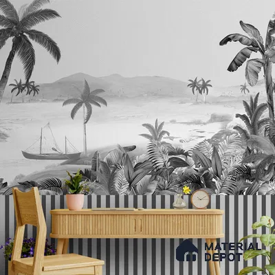 Silent Night, Tropical Beach Wallpaper, Black and White Sukoon Series Canvas Tropical Design (Customised Size Wallpaper)