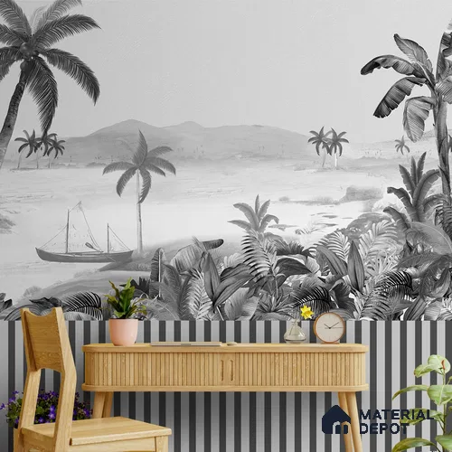 Silent Night, Tropical Beach Wallpaper, Black and White Sukoon Series Canvas Tropical Design (Customised Size Wallpaper)