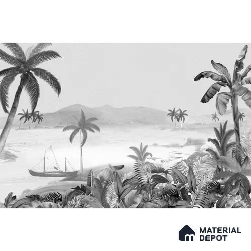 Silent Night, Tropical Beach Wallpaper, Black and White Sukoon Series Handmade Tropical Design (Customised Size Wallpaper)