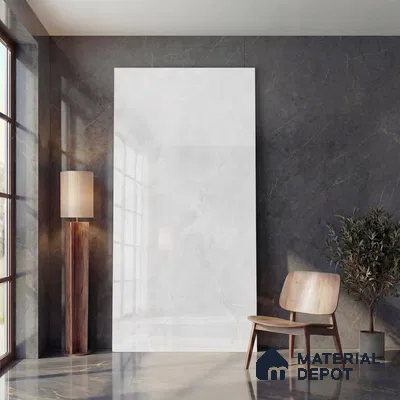 Marble Look Wall & Floor Tile TL 05836 Mountain White 8 ft x 4 ft High Gloss Finish Vitrified Large Format Tile - 9 mm | Suitable for Living Room, Bedroom, Office | Adhesive and Spacers Must be Used During Installation