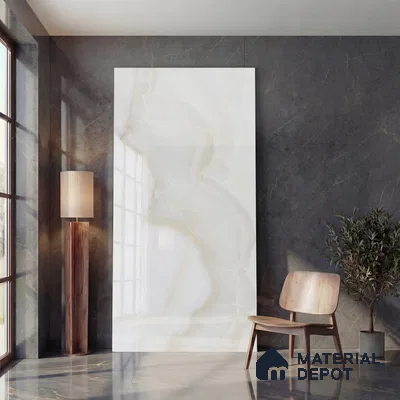 Marble Look Wall & Floor Tile TL 05837 Onice Cream 8 ft x 4 ft High Gloss Finish Vitrified Large Format Tile - 9 mm | Suitable for Living Room, Bedroom, Office (Sample)