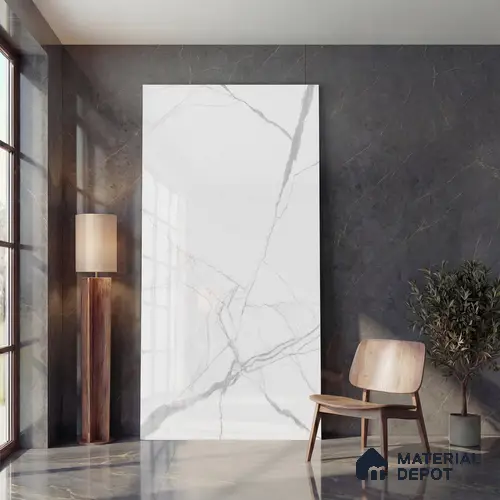 Marble Look Wall & Floor Tile TL 05834 Statuario Himalaya Face A 8 ft x 4 ft High Gloss Finish Vitrified Large Format Tile - 9 mm | Suitable for Living Room, Bedroom, Office | Adhesive and Spacers Must be Used During Installation