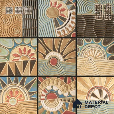 Handmade Third Fired Tumbled Tile TL 12983 B Ochre Sunburst 97x97 mm Glazed Matte Finish Embossed On Vitrified Mexican Series Tile - 11 mm | Custom Design & Individual Designs Available