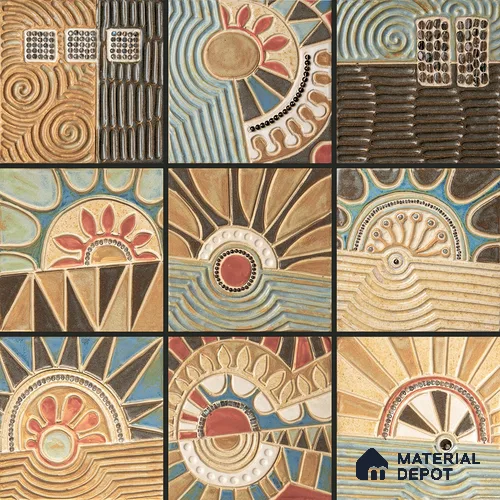 Handmade Third Fired Tumbled Tile TL 12983 B Ochre Sunburst 97x97 mm Glazed Matte Finish Embossed On Vitrified Mexican Series Tile - 11 mm | Custom Design & Individual Designs Available