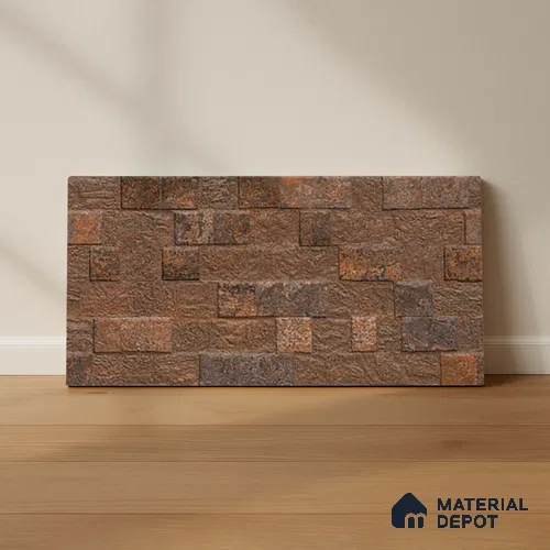 Brown Stacked Stone Wall Tile TL 06722 C Lustra Coppered Peaks 2 ft x 1 ft Ceramic Carving Satin Finish - 9 mm |  | Suitable for Living Room, Bedroom, Bathroom