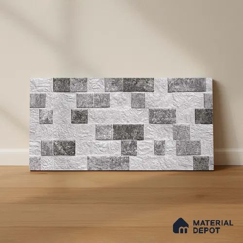 Grey Stacked Stone Wall Tile TL 06722 D Lustra Ashen Heights 2 ft x 1 ft Ceramic Carving Satin Finish - 9 mm |  | Suitable for Living Room, Bedroom, Bathroom