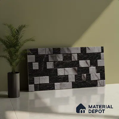 Grey Stacked Stone Wall Tile TL 06722 E Lustra Smoked Glacier 2 ft x 1 ft Ceramic Carving Satin Finish - 9 mm |  | Suitable for Living Room, Bedroom, Bathroom
