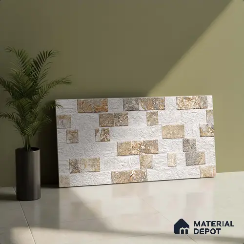 Cream Stacked Stone Wall Tile TL 06722 Lustra Alpine Serenity 2 ft x 1 ft Ceramic Carving Satin Finish - 9 mm | | Suitable for Living Room, Bedroom, Bathroom