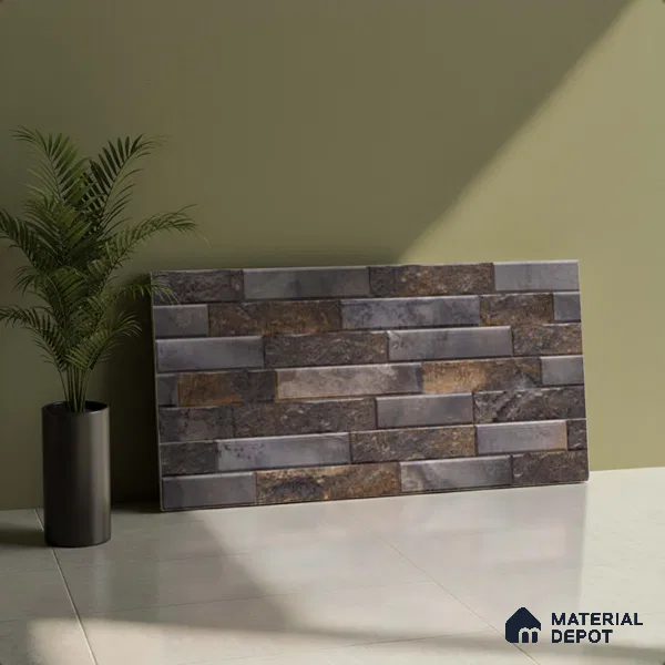 Grey Stacked Stone Wall Tile TL 06721 C Lustra Shimmering Cliff 2 ft x 1 ft Ceramic Carving Satin Finish - 9 mm |  | Suitable for Living Room, Bedroom, Bathroom