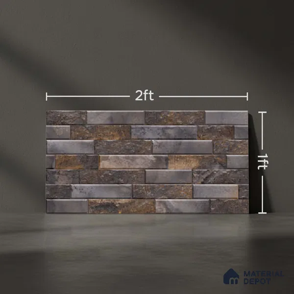 Grey Stacked Stone Wall Tile TL 06721 C Lustra Shimmering Cliff 2 ft x 1 ft Ceramic Carving Satin Finish - 9 mm |  | Suitable for Living Room, Bedroom, Bathroom