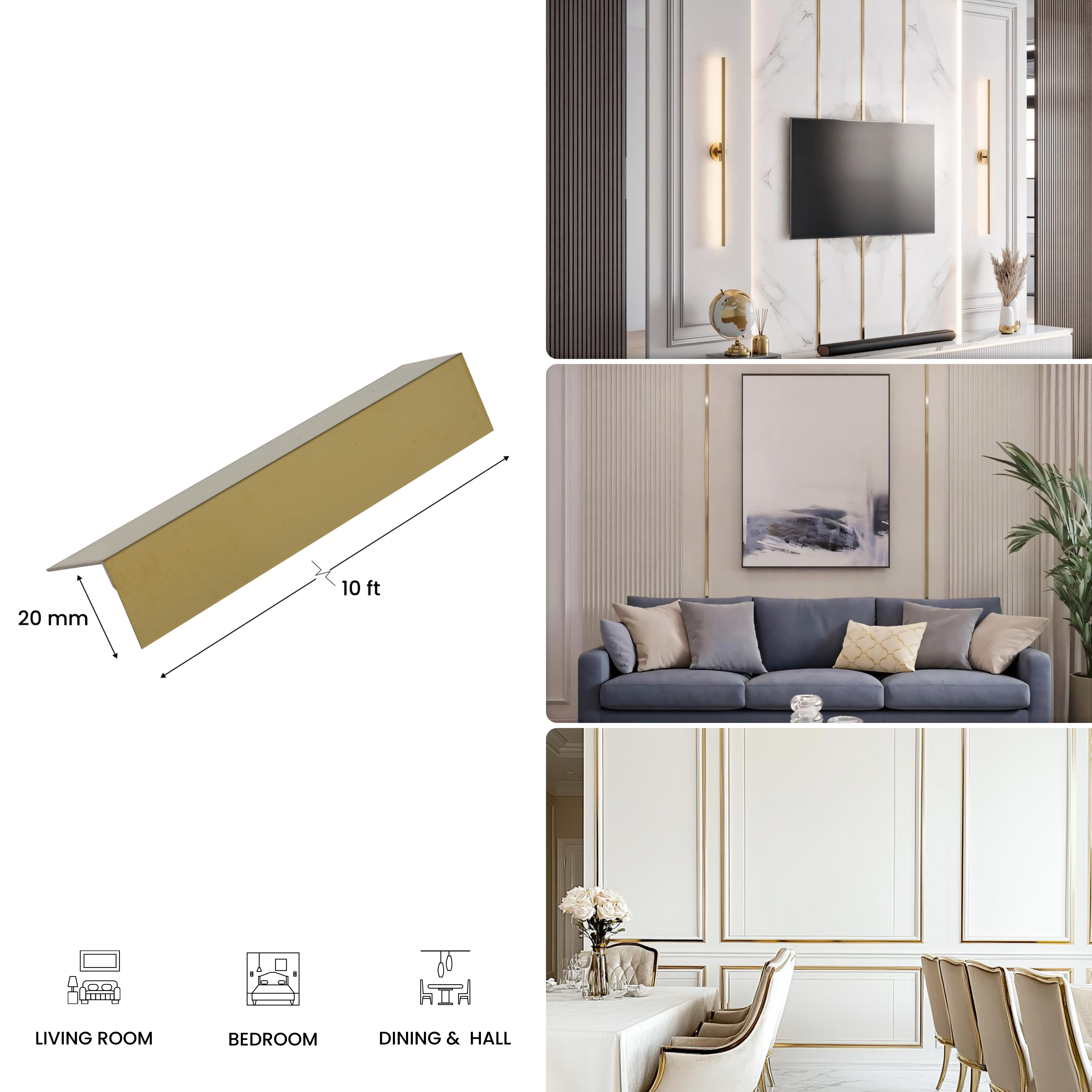 Stainless Steel L Profile Gold Mirror Glossy Finish Edgeline PM 00282 H | 10 ft (3 mtr) x 20 mm x 0.6 mm | Suitable for Corner Applications | Adhesive Type Installation | Suitable for Floor & Walls