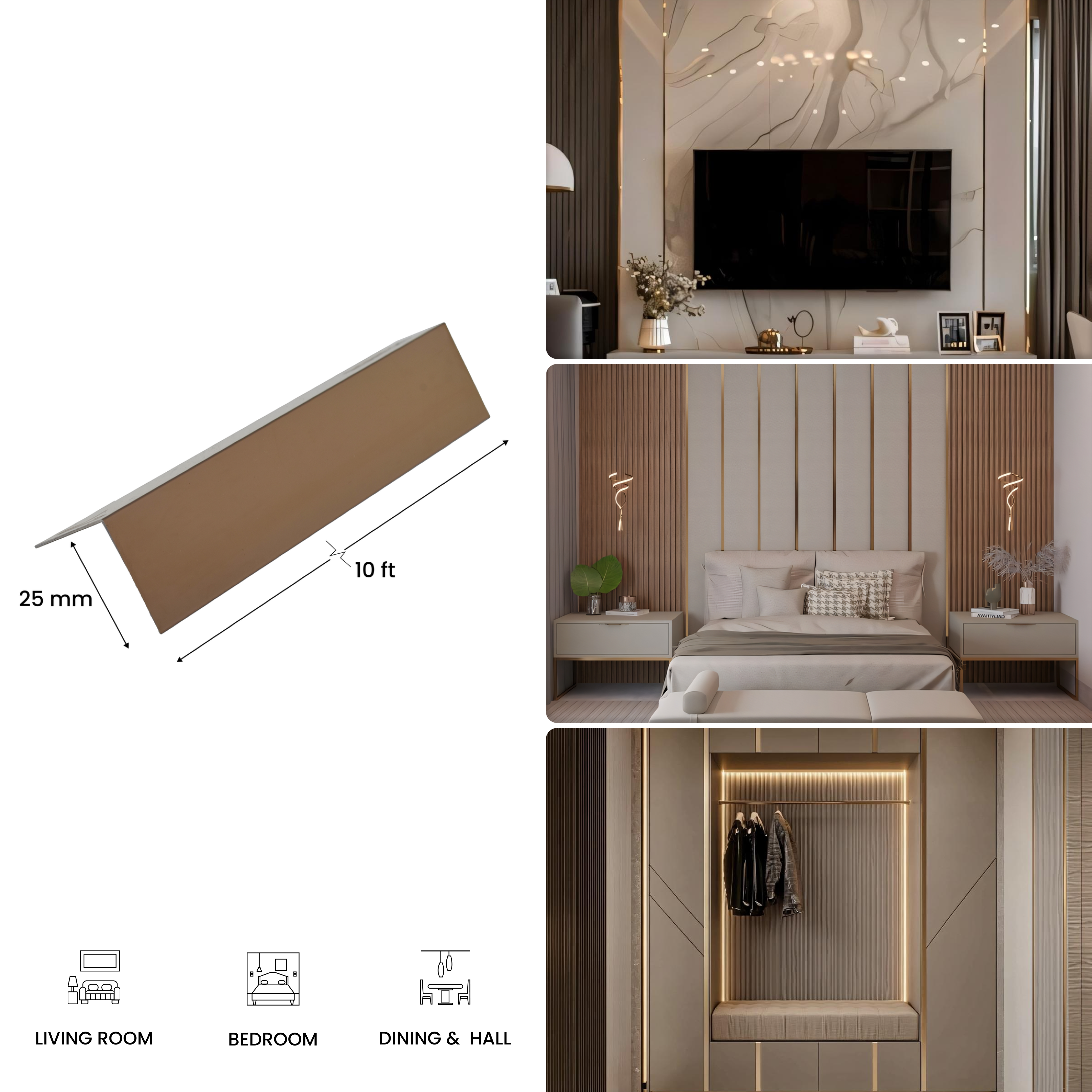 Stainless Steel L Profile Rose Gold Mirror Glossy Finish Edgeline PM 00282 O | 10 ft (3 mtr) x 25 mm x 0.6 mm | Suitable for Corner Applications | Adhesive Type Installation | Suitable for Floor & Walls