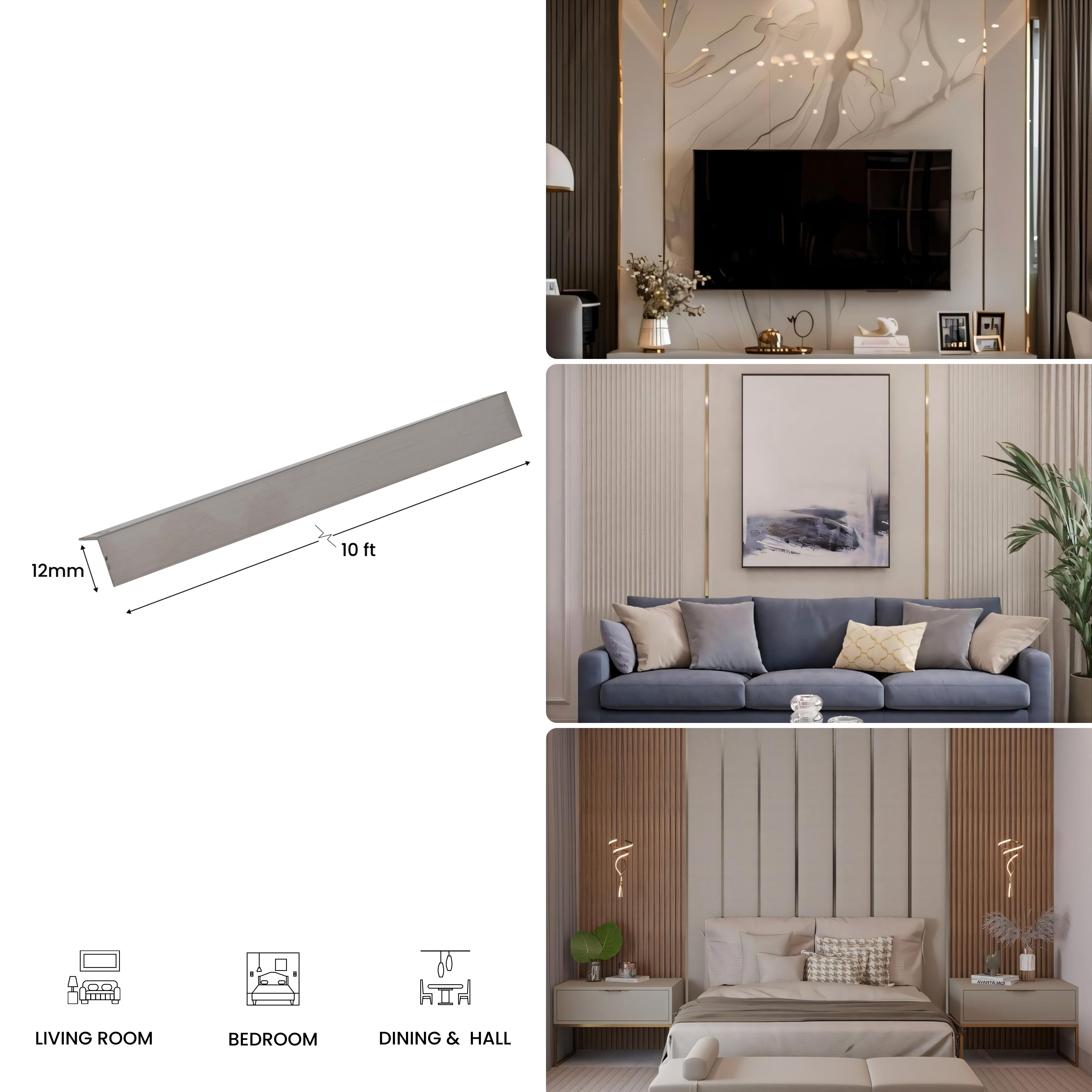 Stainless Steel L Profile Silver Hairline Matte Finish Edgeline PM 00282 V | 10 ft (3 mtr) x 12 mm x 0.6 mm | Suitable for Corner Applications | Adhesive Type Installation | Suitable for Floor & Walls