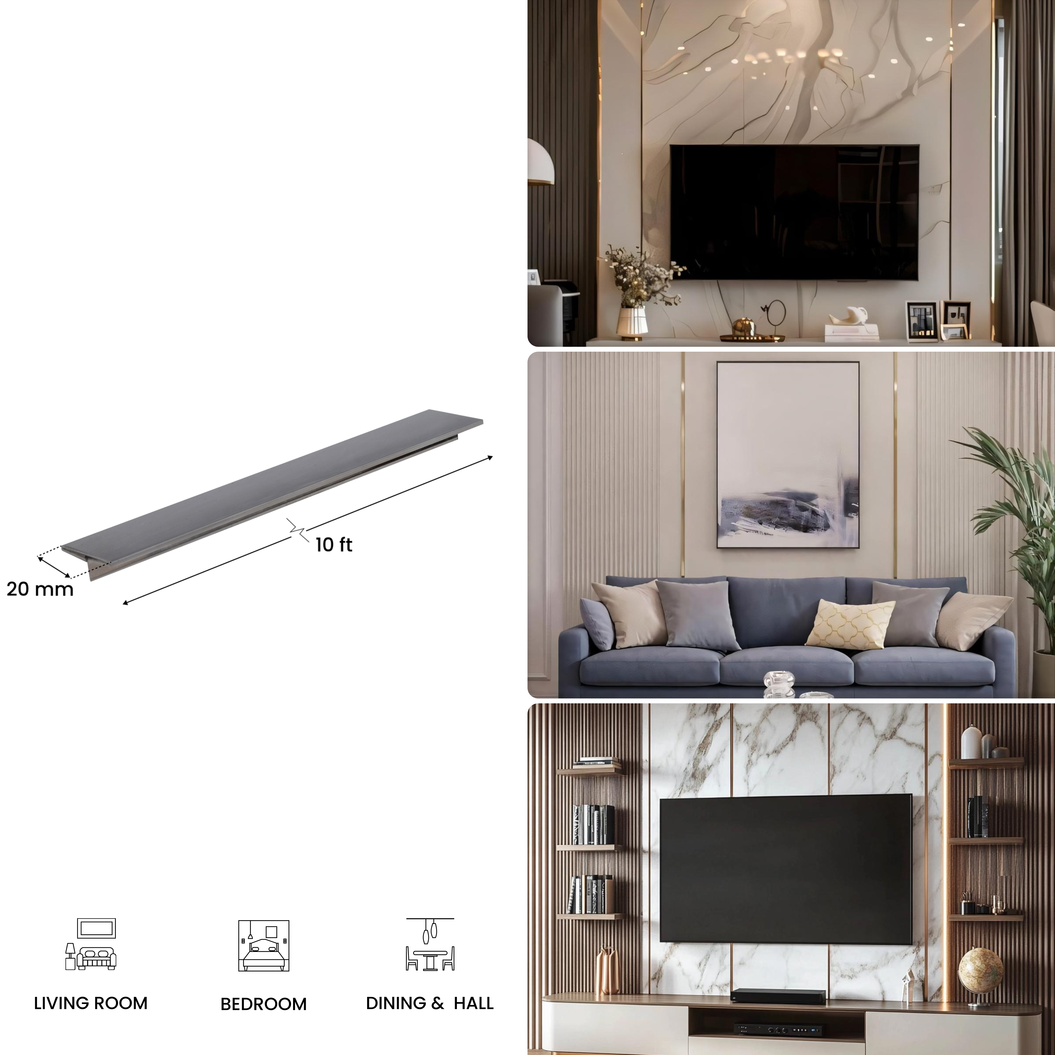 Stainless Steel T Profile Silver Mirror Glossy Finish Edgeline PM 00293 AF | 10 ft (3 mtr) x 20 mm x 0.6 mm | Adhesive Type Installation | Suitable for Floor & Walls