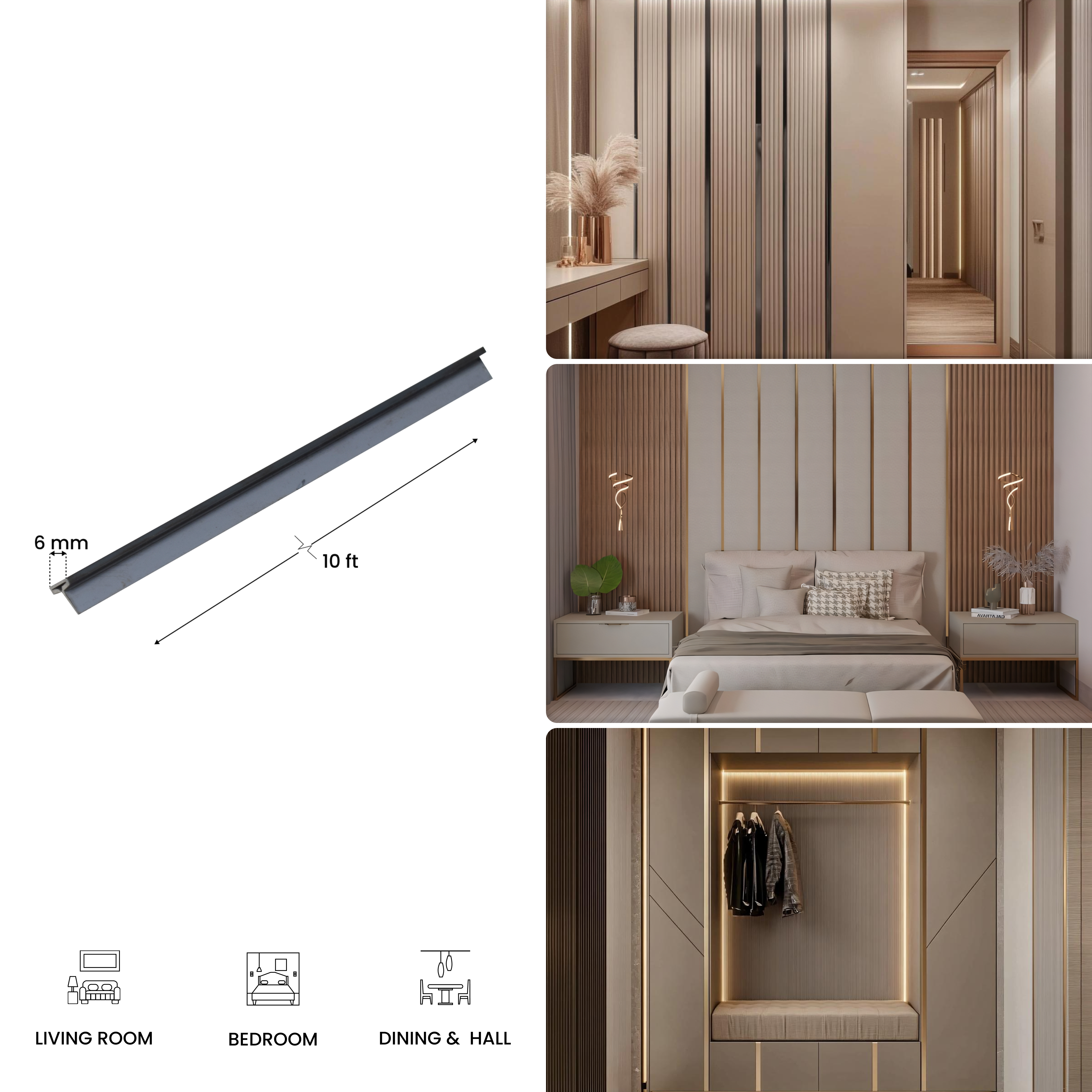 Stainless Steel T Profile Black Mirror Glossy Finish Edgeline PM 00293 D | 10 ft (3 mtr) x 6 mm x 0.6 mm | Adhesive Type Installation | Suitable for Floor & Walls