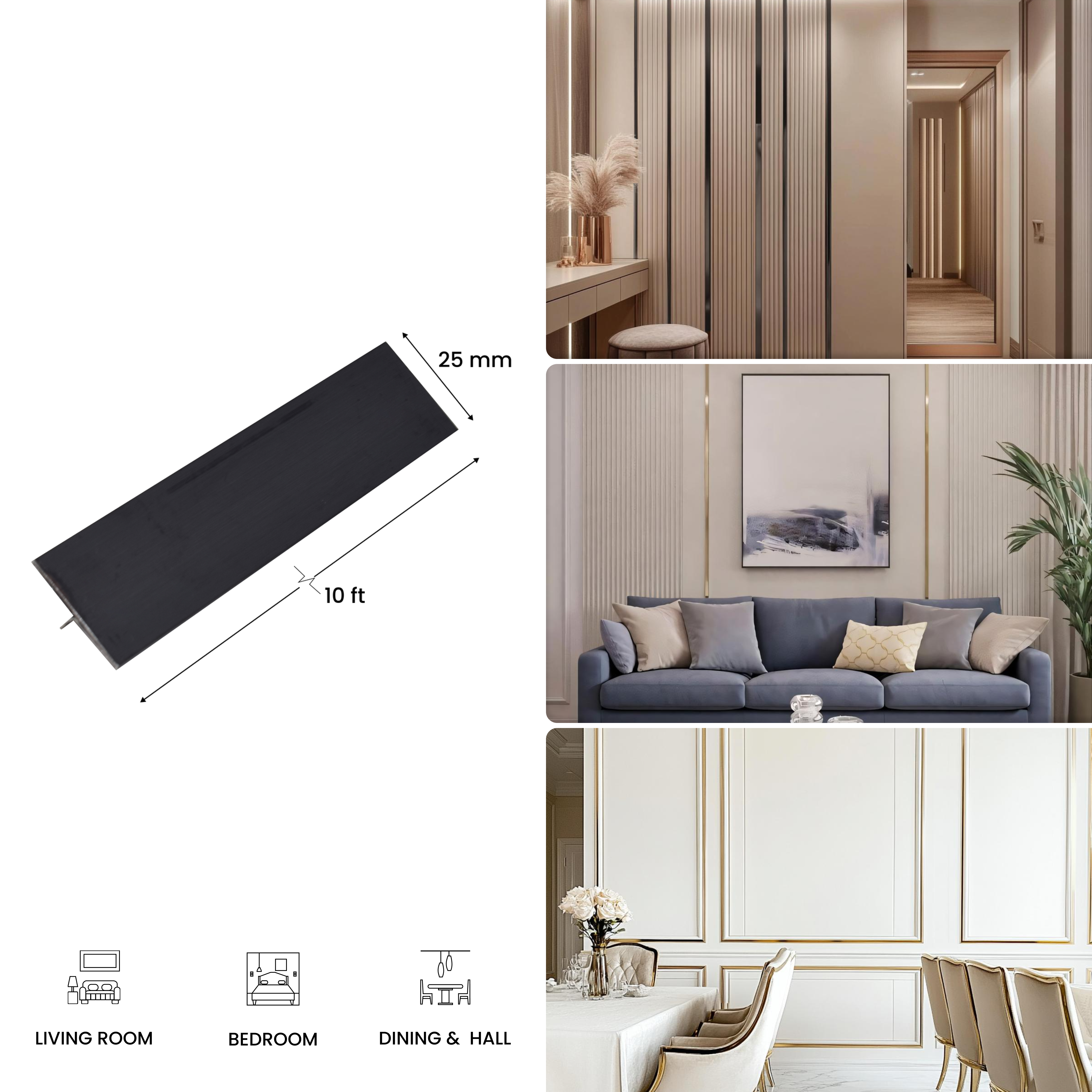 Stainless Steel T Profile Black Hairline Matte Finish Edgeline PM 00293 H | 10 ft (3 mtr) x 25 mm x 0.6 mm | Adhesive Type Installation | Suitable for Floor & Walls