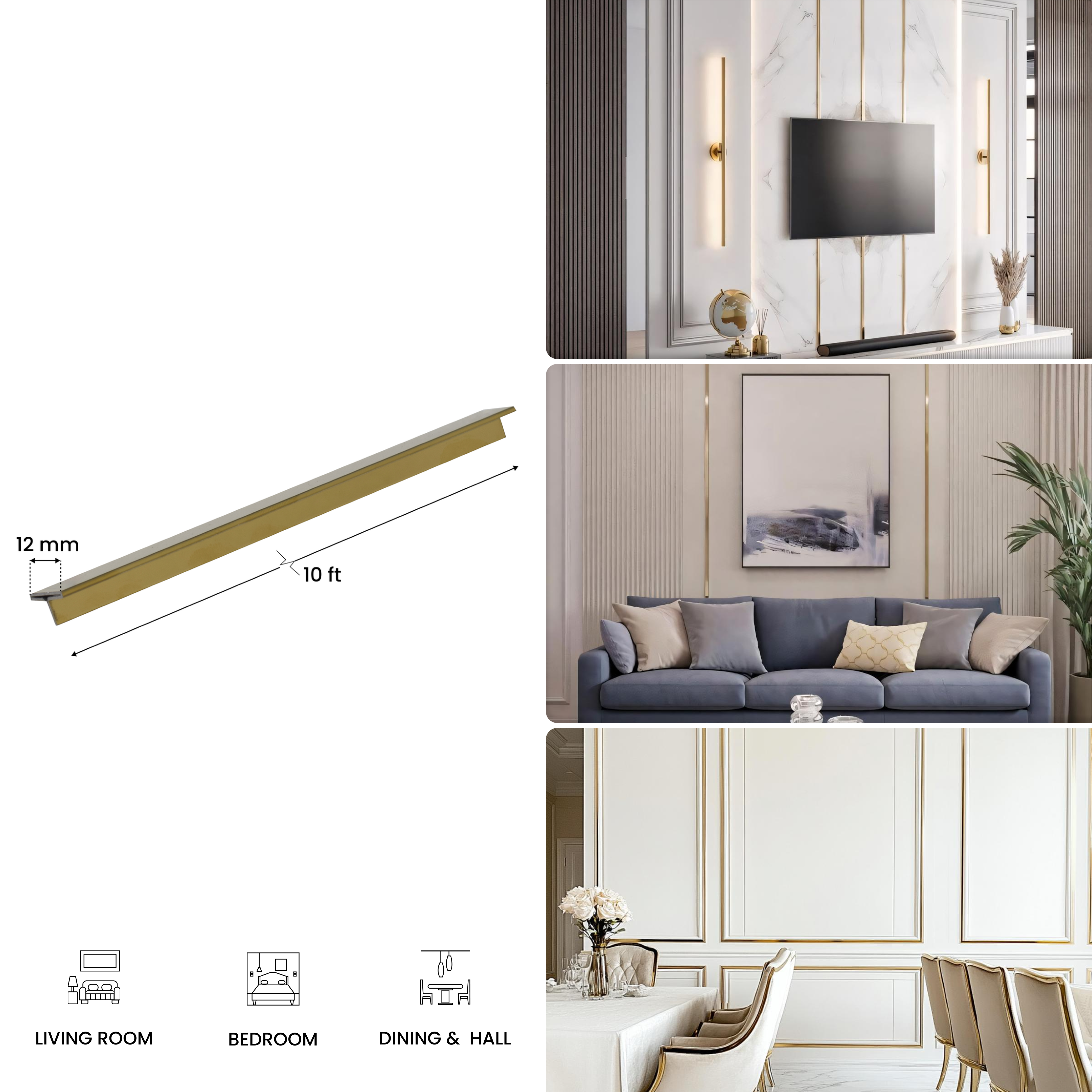 Stainless Steel T Profile Gold Mirror Glossy Finish Edgeline PM 00293 K | 10 ft (3 mtr) x 12 mm x 0.6 mm | Adhesive Type Installation | Suitable for Floor & Walls
