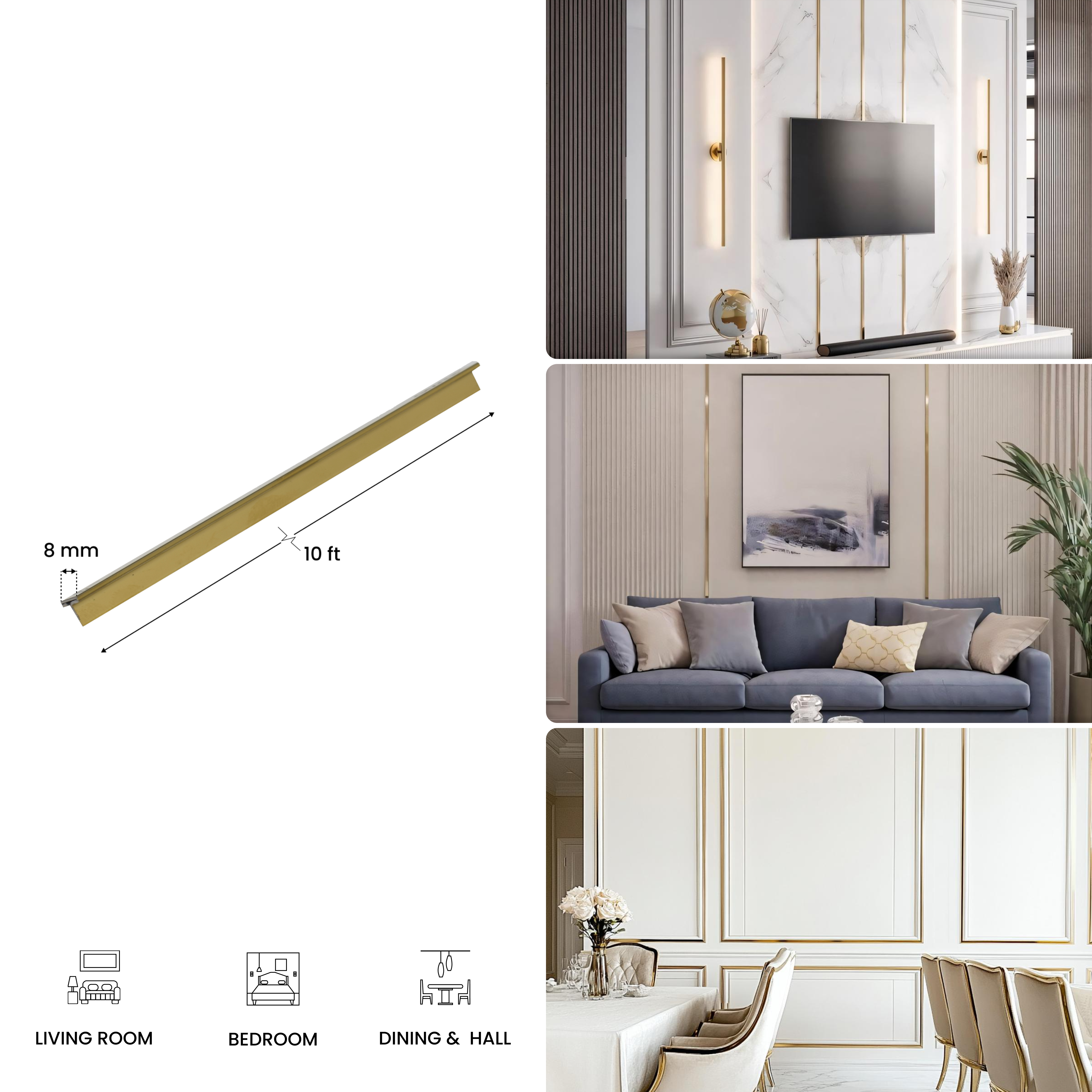 Stainless Steel T Profile Gold Mirror Glossy Finish Edgeline PM 00293 O | 10 ft (3 mtr) x 8 mm x 0.6 mm | Adhesive Type Installation | Suitable for Floor & Walls