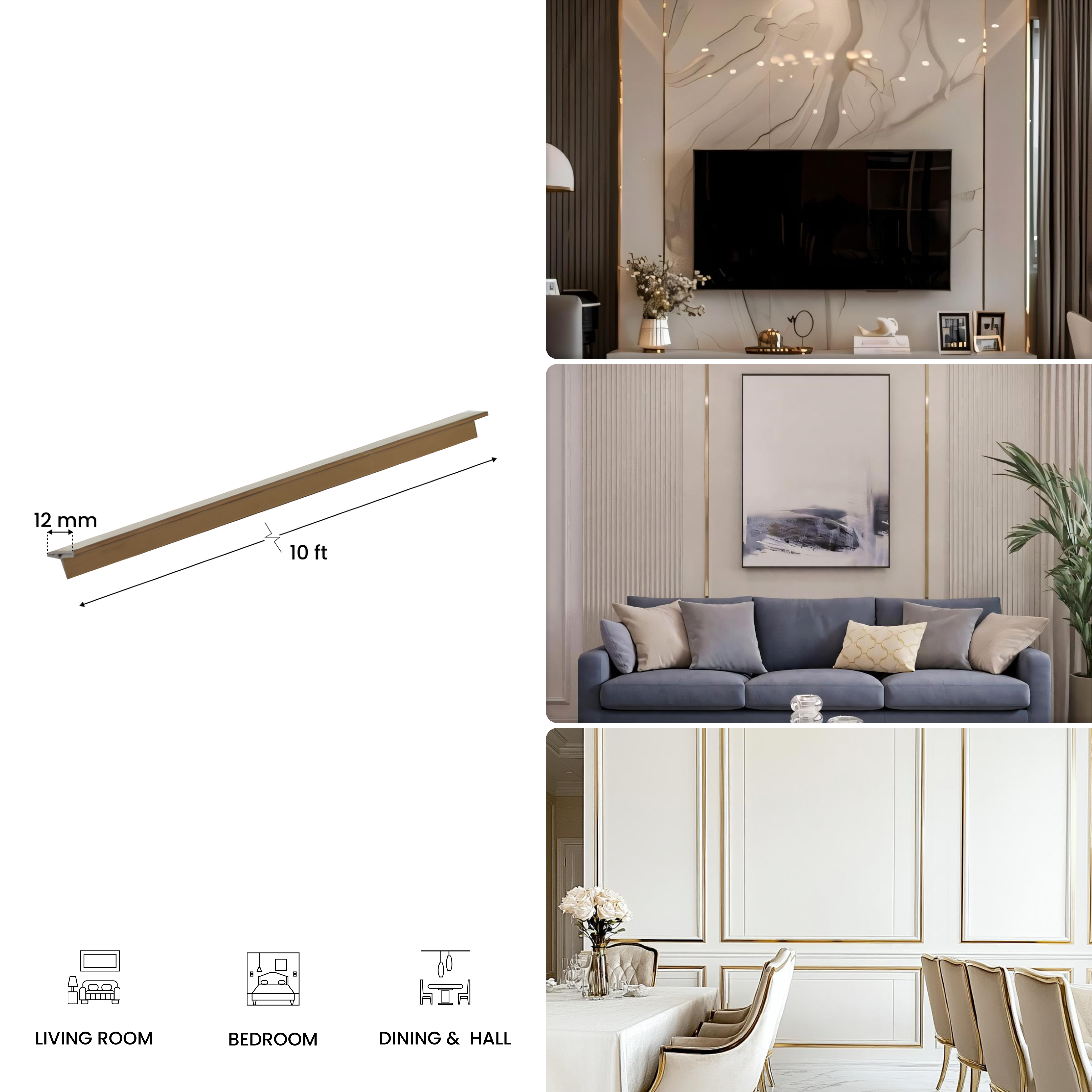 Stainless Steel T Profile Rose Gold Mirror Glossy Finish Edgeline PM 00293 U | 10 ft (3 mtr) x 12 mm x 0.6 mm | Adhesive Type Installation | Suitable for Floor & Walls