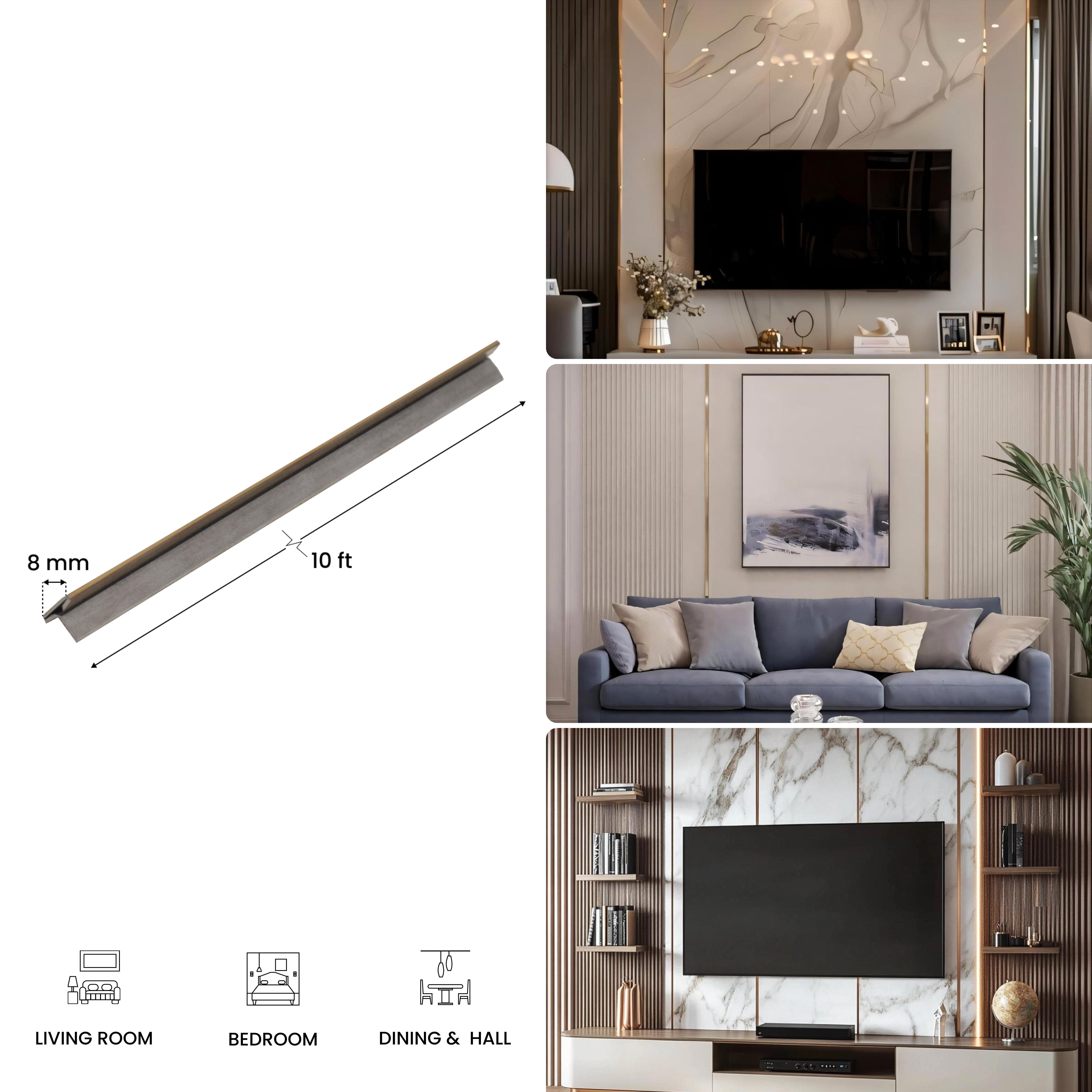 Stainless Steel T Profile Rose Gold Mirror Glossy Finish Edgeline PM 00293 Y | 10 ft (3 mtr) x 8 mm x 0.6 mm | Adhesive Type Installation | Suitable for Floor & Walls