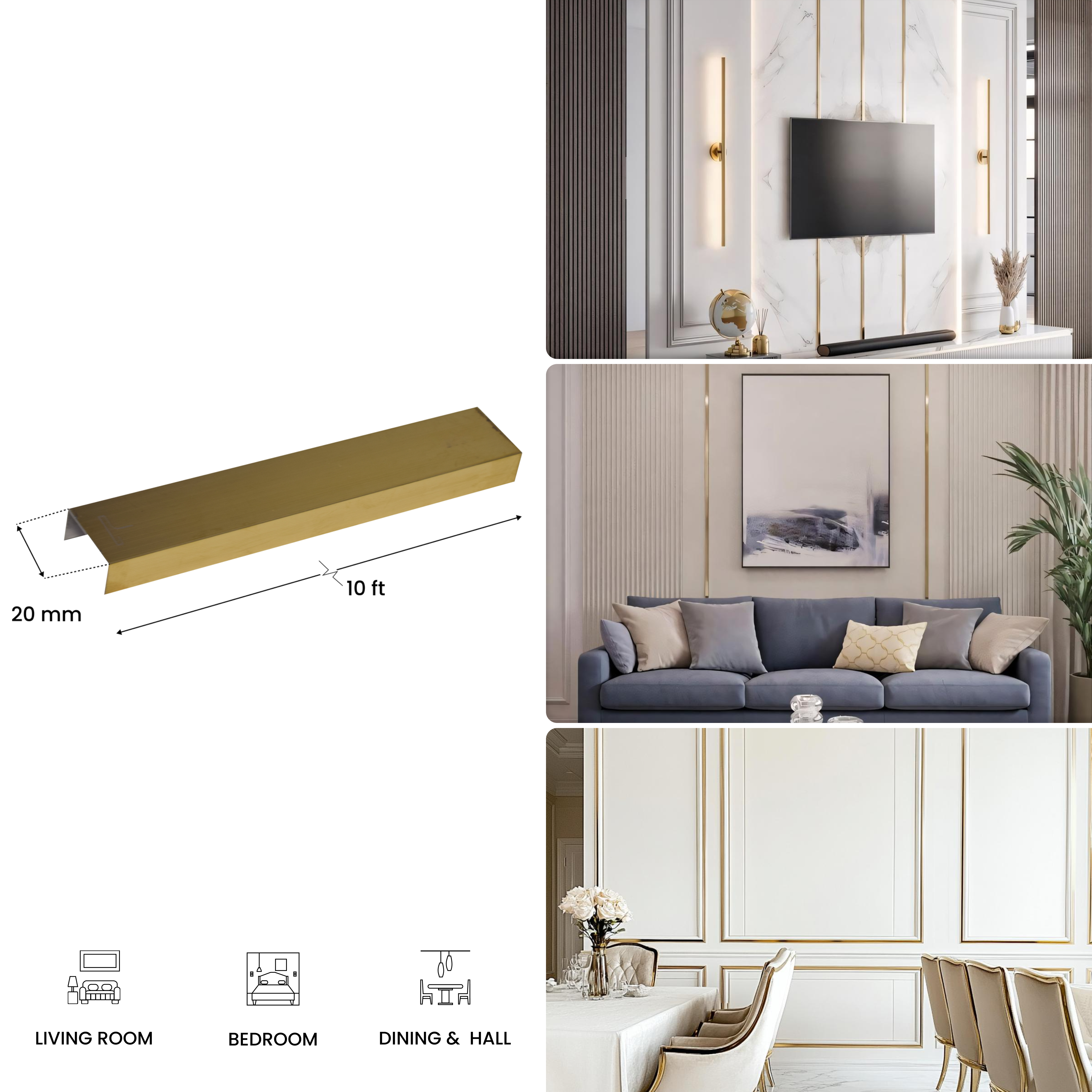 Stainless Steel U Profile Gold Hairline Matte Finish Edgeline PM 00294 H | 10 ft (3 mtr) x 20 mm x 0.6 mm | Adhesive Type Installation | Suitable for Floor & Walls