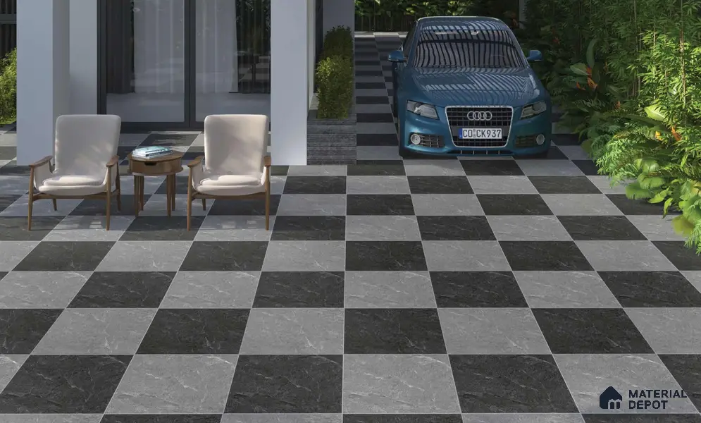 Stone Floor Tile TL 05363 Strada Monsana Black 2 ft x 2 ft Vitrified Punch Matte Finish - 12 mm | Suitable for Parking, Balcony, Courtyard, Patio, Terrace