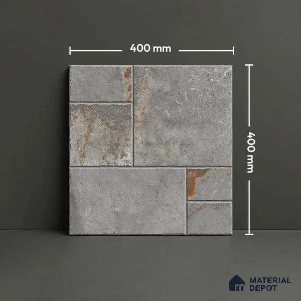Grey Stone Floor Tile TL 10277  Verona Grey 16 inch x 16 inch Vitrified Carving Matte Finish - 12 mm | Pattern Alignment May Vary | 2-3 mm Spacer is Mandatory