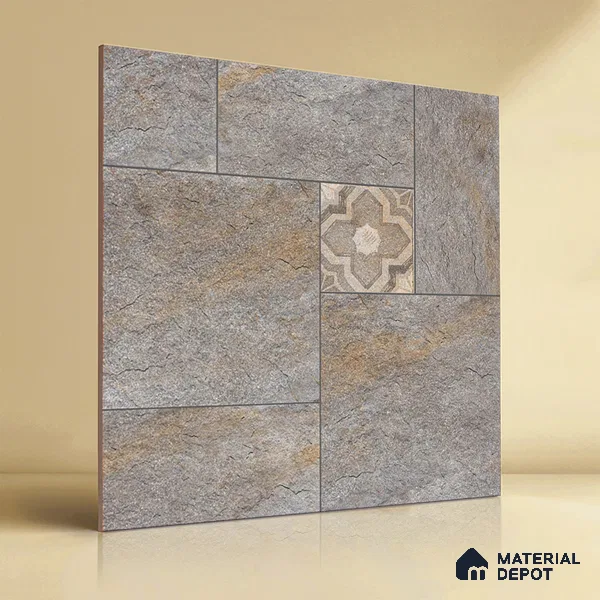 Stone Floor Tile TL 06023 C Evoque Gris 2 ft x 2 ft Anti Skid Tiles Vitrified Matte Slate Punch Finish - 12 mm | 4 Random Design  Ideal For Parking, Outdoor, Balcony (Sample)