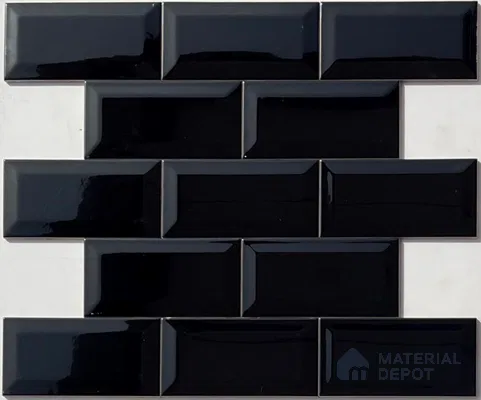 TL 00005 C 8x4 inches Black Bevelled Glossy Finish Ceramic Wall Tile - 7 mm (Sample)