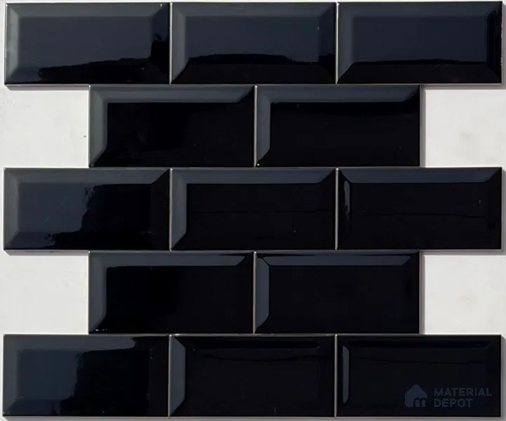 TL 00005 C 8x4 inches Black Bevelled Glossy Finish Ceramic Wall Tile - 7 mm (Sample)