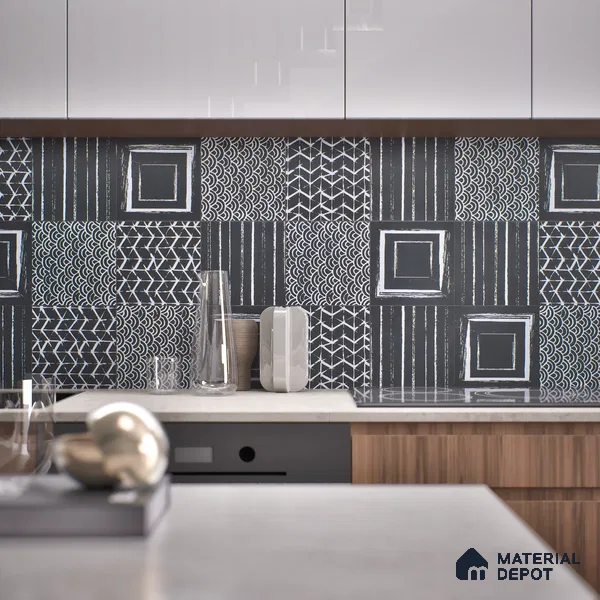 Subway Moroccan Wall & Floor Tile TL 05245 E Zahara Zigs Black 8 x 8 inch Vitrified Matte Finish - 8 mm | 8 Random Faces | Suitable for Accent / Feature Walls, Bathroom, Kitchen Wall & Backsplashes | Please Expect a Slight Variation of Pattern (Sample)