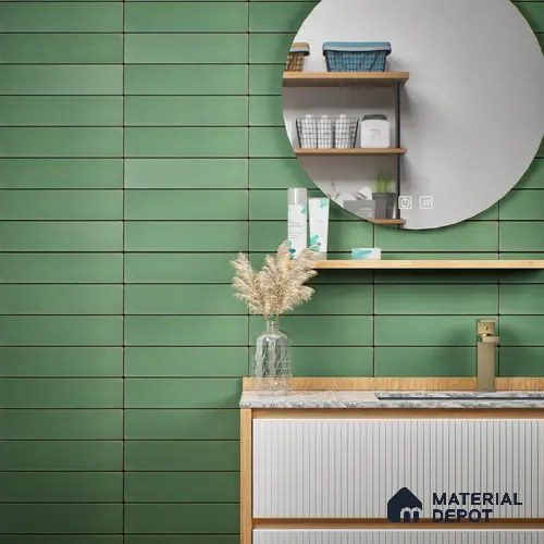Subway Solid Wall Tile TL 05230 B Sheen Fern Olive 12 x 3 inch Vitrified Matte Finish - 8 mm | 21 Random Faces | Suitable for Accent / Feature Walls, Bathroom, Kitchen Wall & Backsplashes