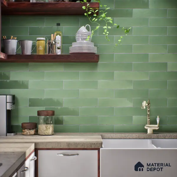 Subway Solid Wall Tile TL 05230 B Sheen Fern Olive 12 x 3 inch Vitrified Matte Finish - 8 mm | 21 Random Faces | Suitable for Accent / Feature Walls, Bathroom, Kitchen Wall & Backsplashes
