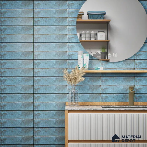 Subway Wall & Floor Tile TL 05232 Colombiana Cerulean Blue Base 12 x 3 inch Vitrified Matte Finish - 8 mm | 20 Random Faces | Suitable for Accent / Feature Walls, Bathroom, Kitchen Wall & Backsplashes