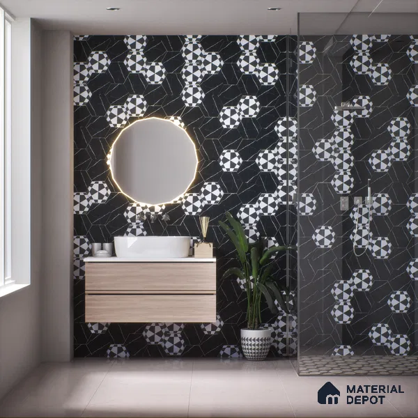Subway Wall & Floor Tile TL 05274 D Hexalite Black Ice 10 x 9 inch (250x220 mm) Vitrified Matte Finish - 8 mm | Random Design | Suitable for Living Room, Accent / Feature Walls, Bathroom, Kitchen Wall & Backsplashes